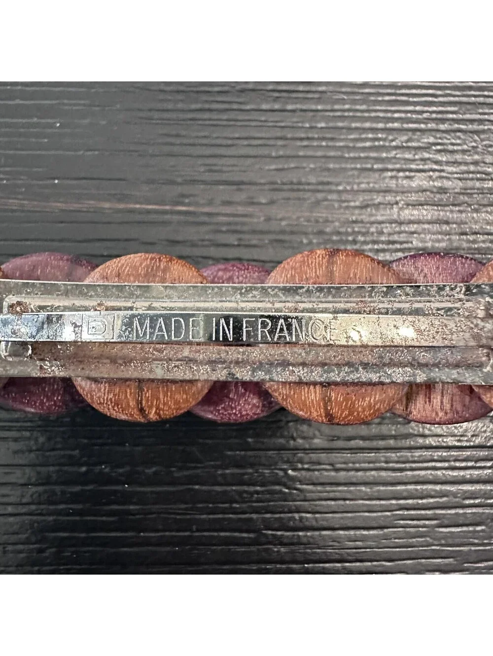 Vintage Made In France Wooden Disc Barrette Brown Wood Hair Clip Boho VGC